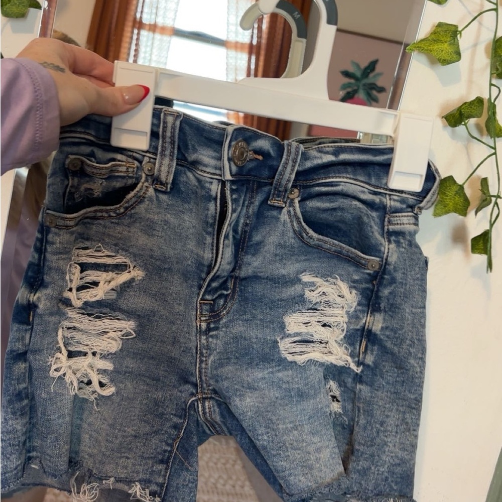 American Eagle Outfitters High Waist Distressed Denim Shorts - Blue